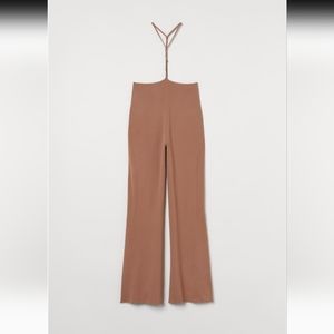 H&M Pants with Suspender Straps High Waist Flare Leg Brown Tan Size L Casual